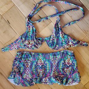 SWIM SYSTEMS BRIGHT MULTICOLOR FLOWER CROSSBACK SKIRT BIKINI SET - 36DD L BOTTOM